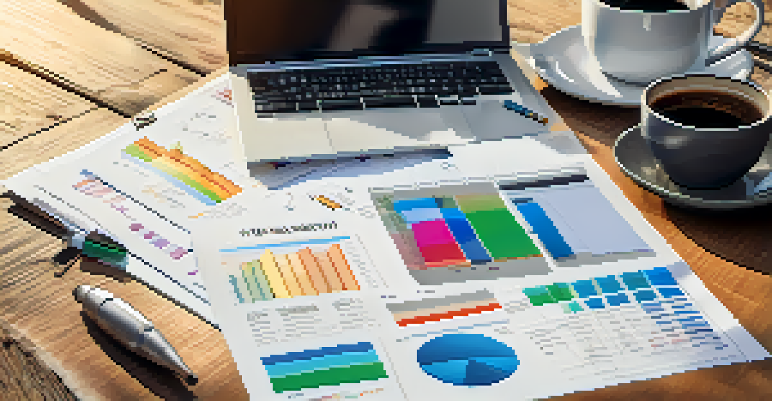 A close-up of a business plan document with colorful charts on a wooden desk next to a laptop and a cup of coffee.