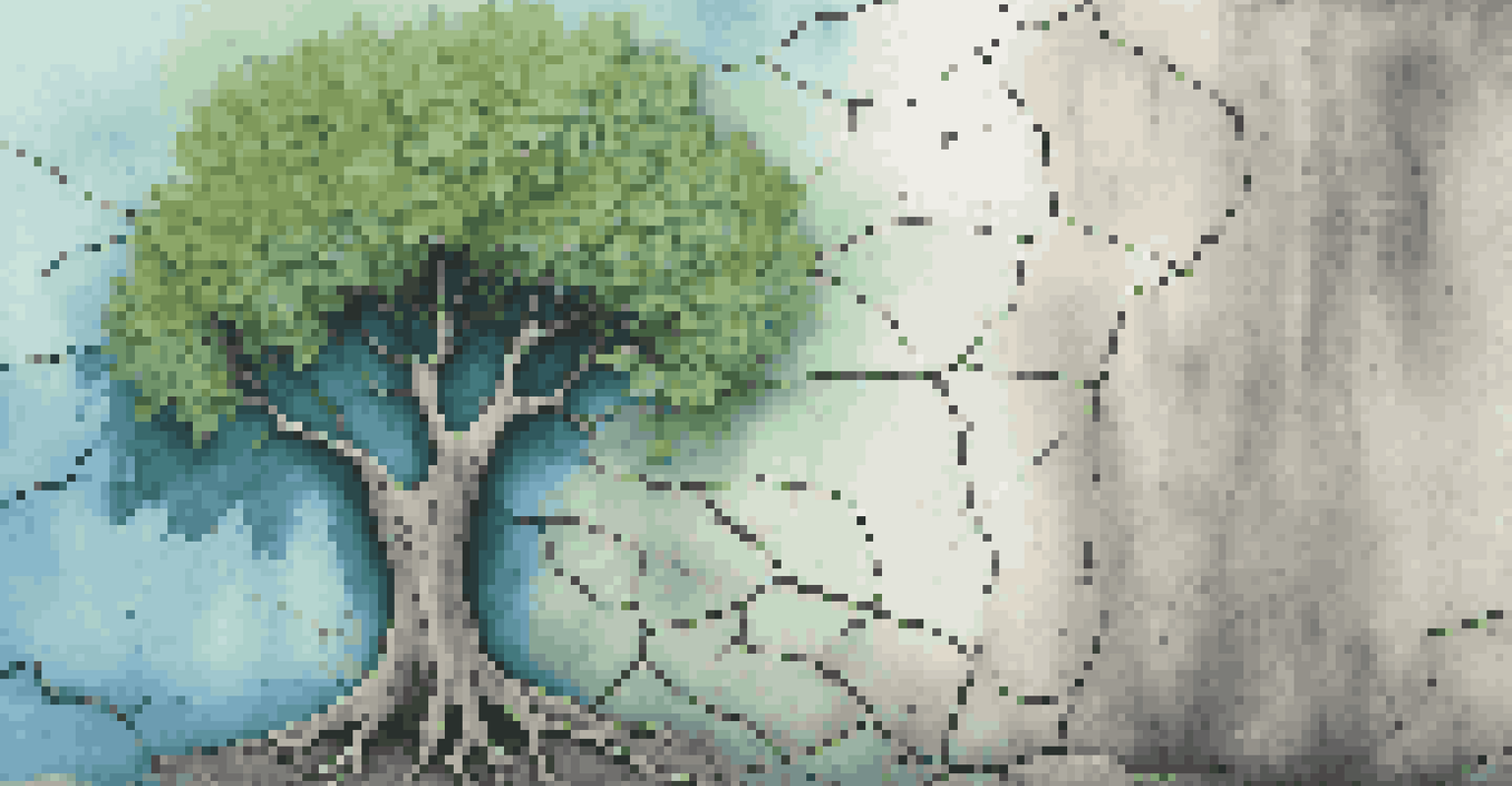 A strong tree breaking through a concrete wall, symbolizing resilience with a soft blue and green gradient background.