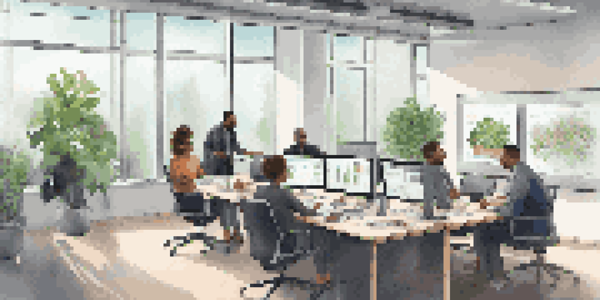 A diverse group of professionals in a modern office discussing CRM metrics around a conference table, with a digital screen displaying data.