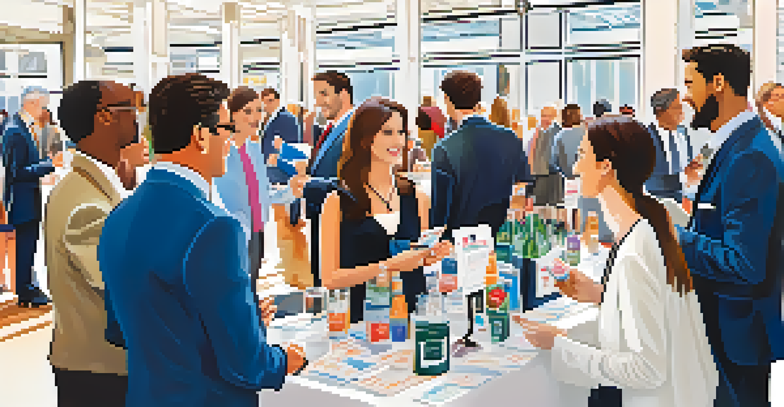 A lively networking event with professionals exchanging business cards and engaging in conversations around a table.