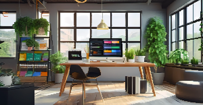 A bright and modern office workspace with a computer screen showing video marketing analytics, surrounded by plants and natural light.