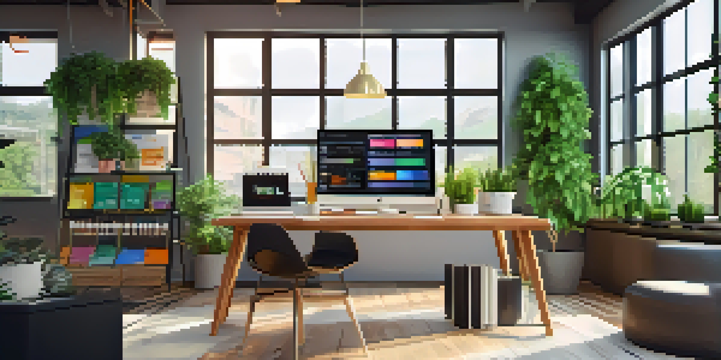 A bright and modern office workspace with a computer screen showing video marketing analytics, surrounded by plants and natural light.