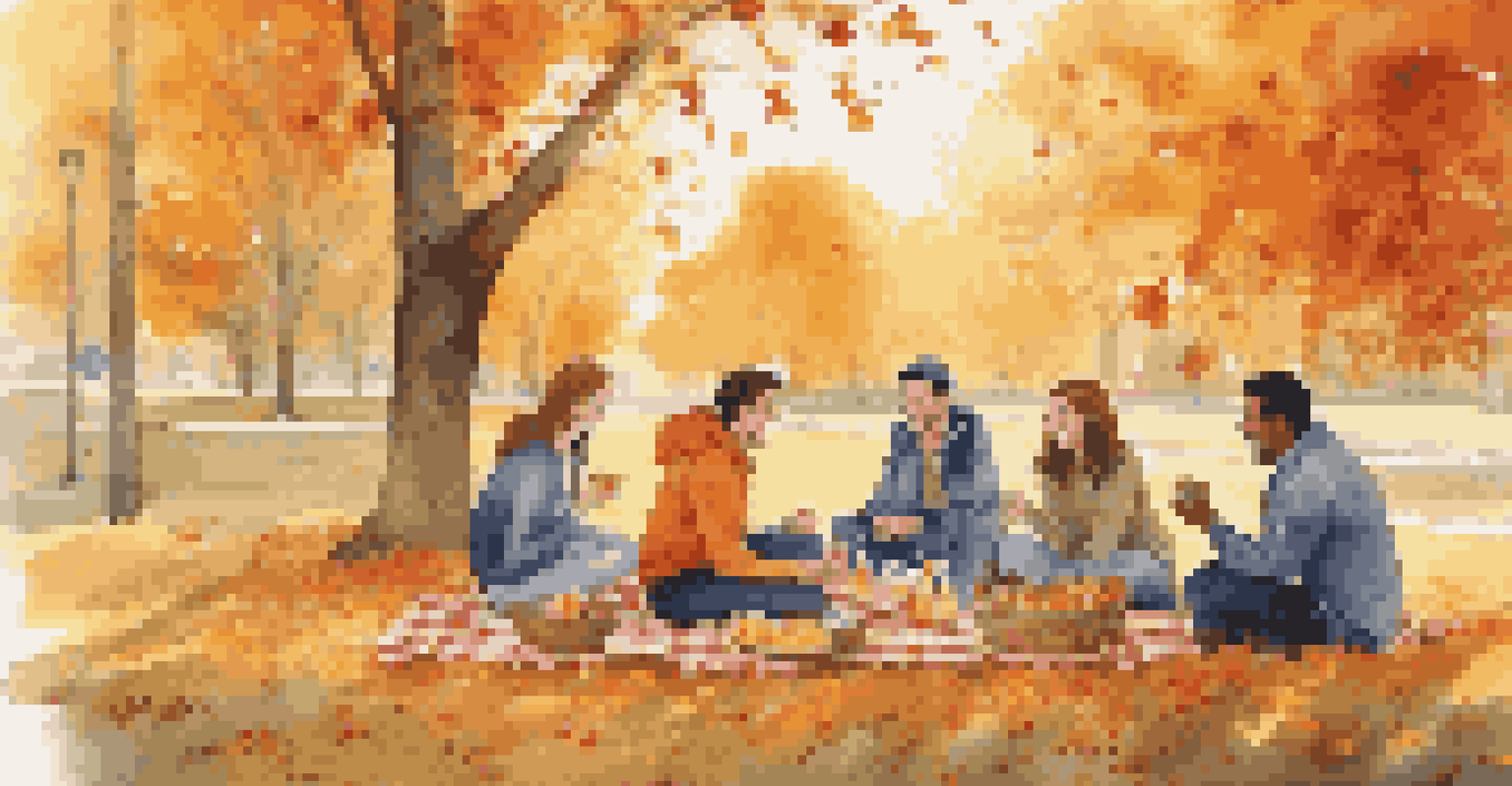 A group of friends enjoying a picnic in a picturesque park during autumn, surrounded by colorful trees and fallen leaves.