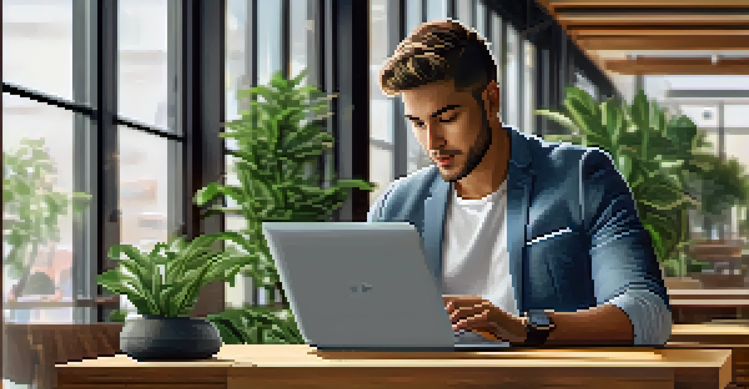 A young entrepreneur working on a laptop in a bright co-working space filled with plants and natural light.