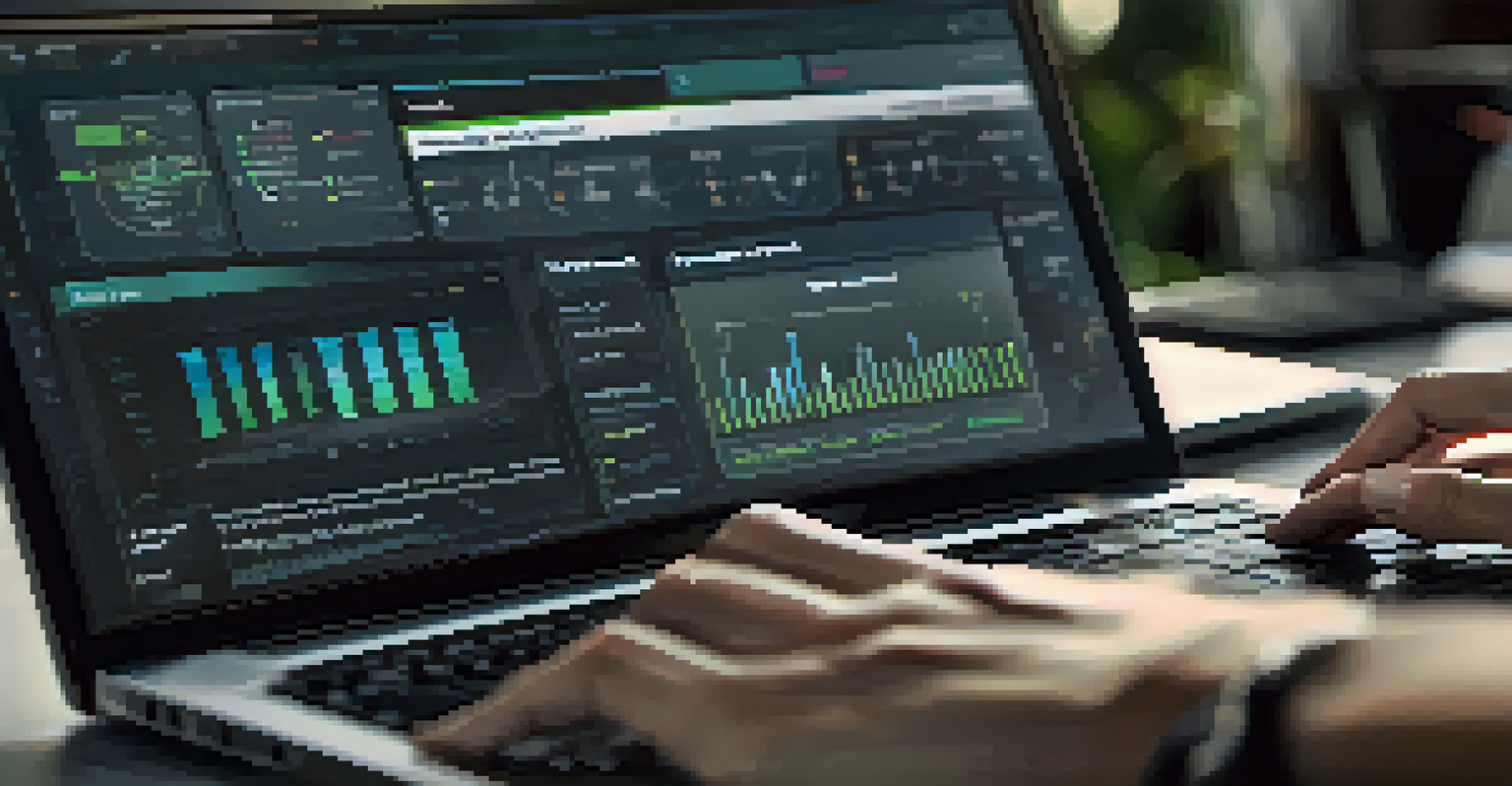 Close-up of hands typing on a laptop with a digital dashboard showing performance metrics.