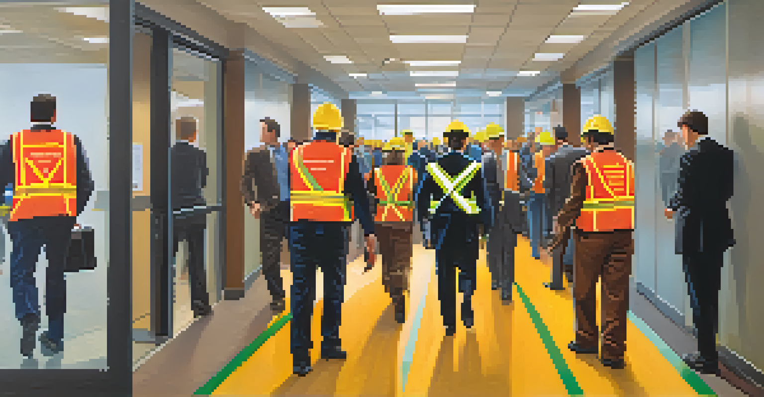 Employees participating in a mock evacuation drill in a corporate building.