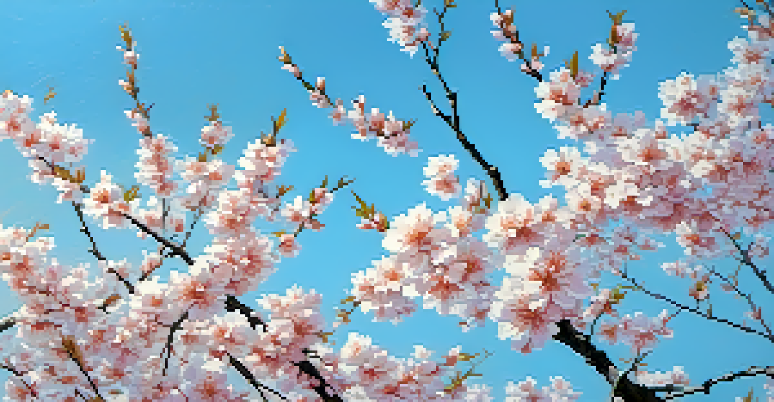 A close-up of cherry blossom flowers in bloom against a blue sky, with petals swaying in the breeze.