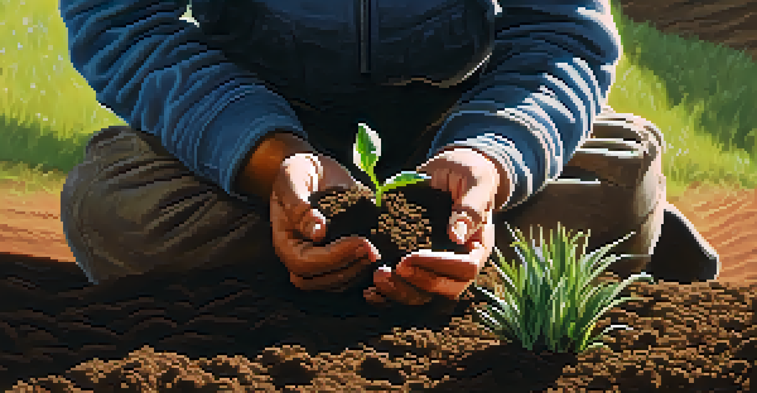 A person's hands planting a young tree in soil, with soft sunlight filtering through the leaves, representing sustainability and care for the environment.