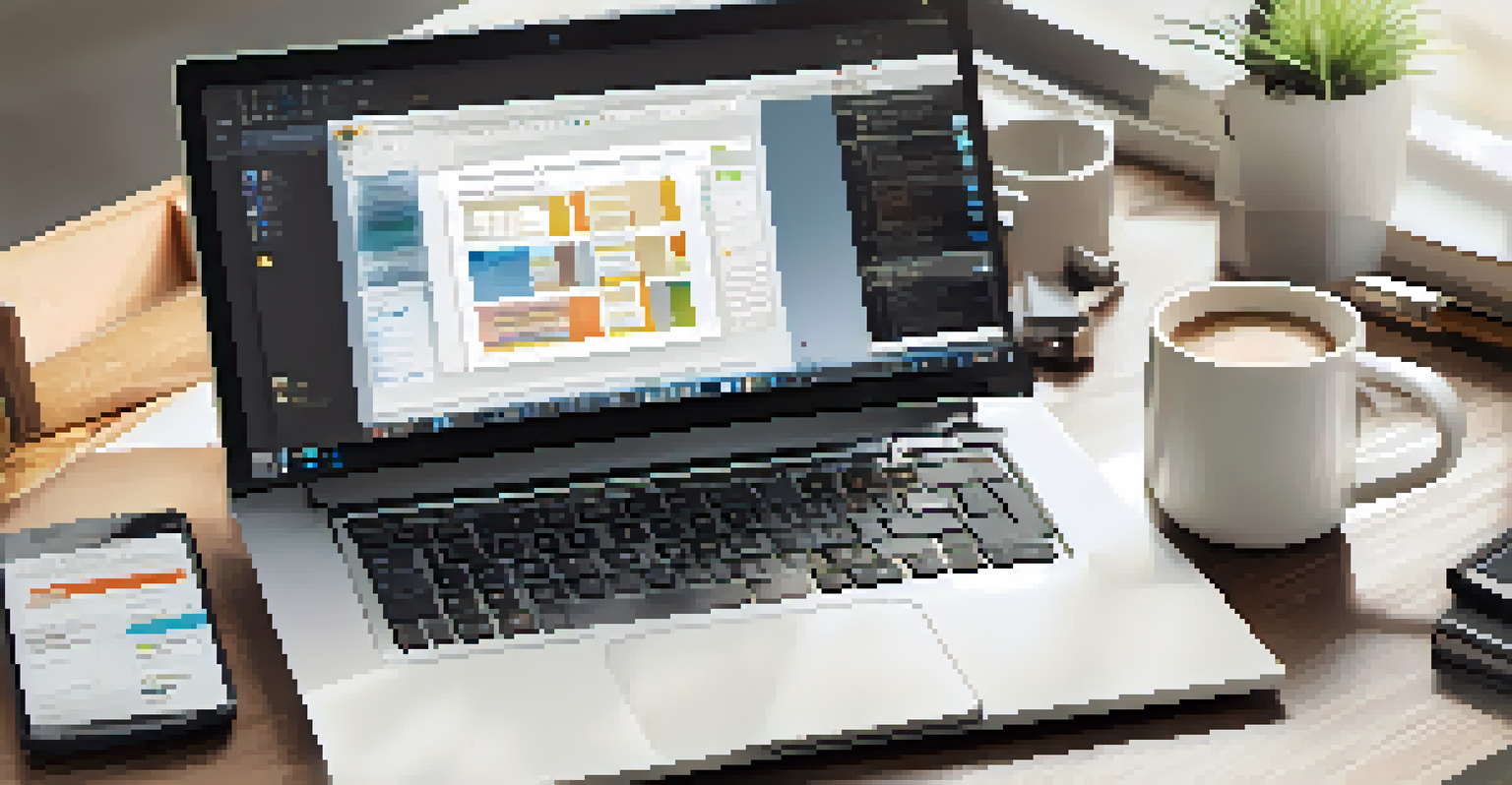An overhead view of a laptop displaying collaboration tools, surrounded by notebooks and a coffee cup.
