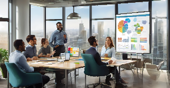 A diverse team of employees collaborating in a modern office setting, filled with natural light and a city view, discussing customer-centric strategies.