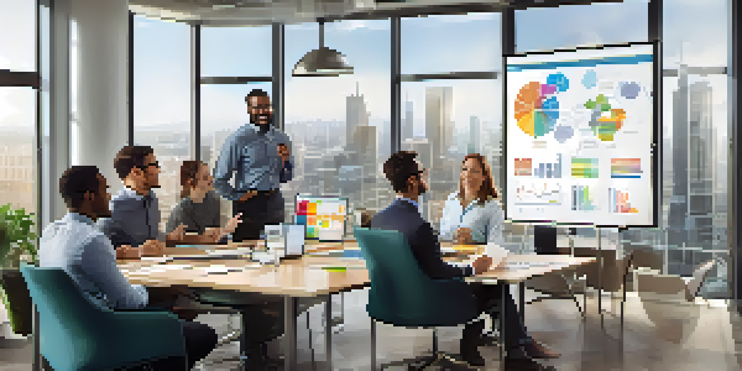 A diverse team of employees collaborating in a modern office setting, filled with natural light and a city view, discussing customer-centric strategies.