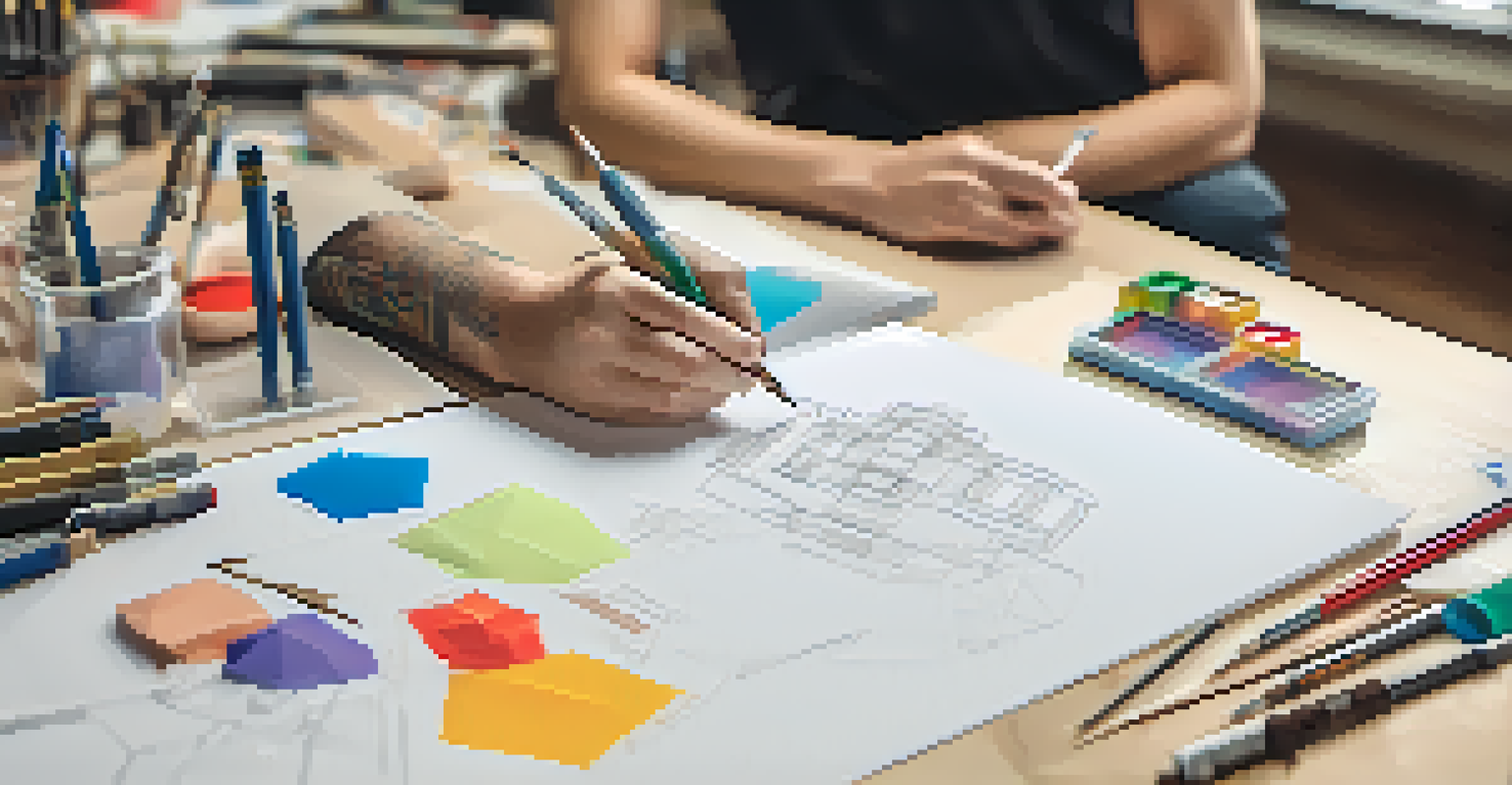 Close-up of hands working on design sketches and building prototypes in a creative workspace filled with materials.