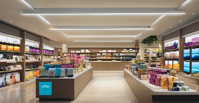 A retail store interior where customers are engaging with digital displays and physical products, illustrating the concept of an omnichannel shopping experience.