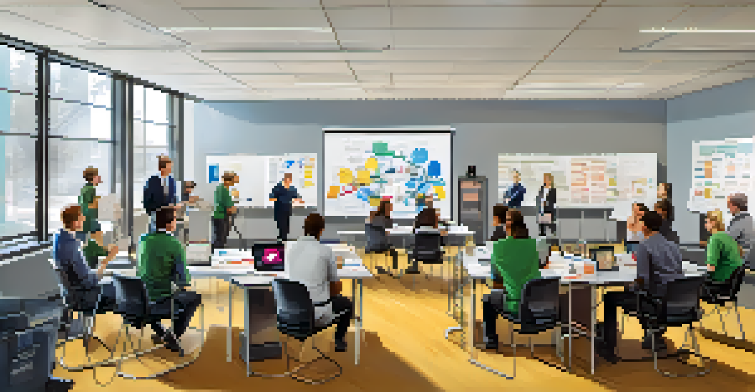 Employees participating in a business continuity training drill in a bright office, with a whiteboard and collaborative atmosphere.