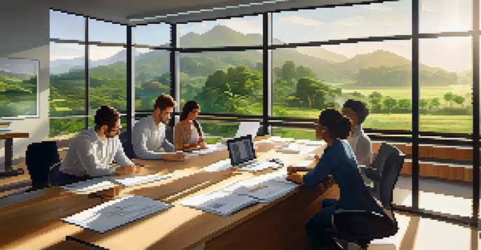 A modern office with employees brainstorming around a desk, sunlight streaming through a window, and greenery visible outside.