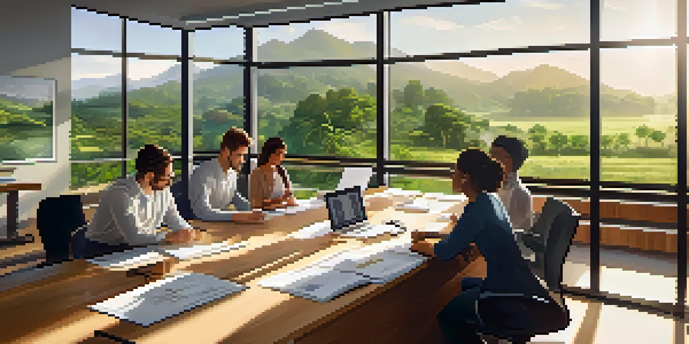 A modern office with employees brainstorming around a desk, sunlight streaming through a window, and greenery visible outside.