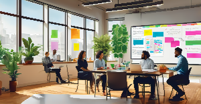 A diverse team of professionals in a bright office space engaged in a risk assessment workshop with sticky notes on a whiteboard.