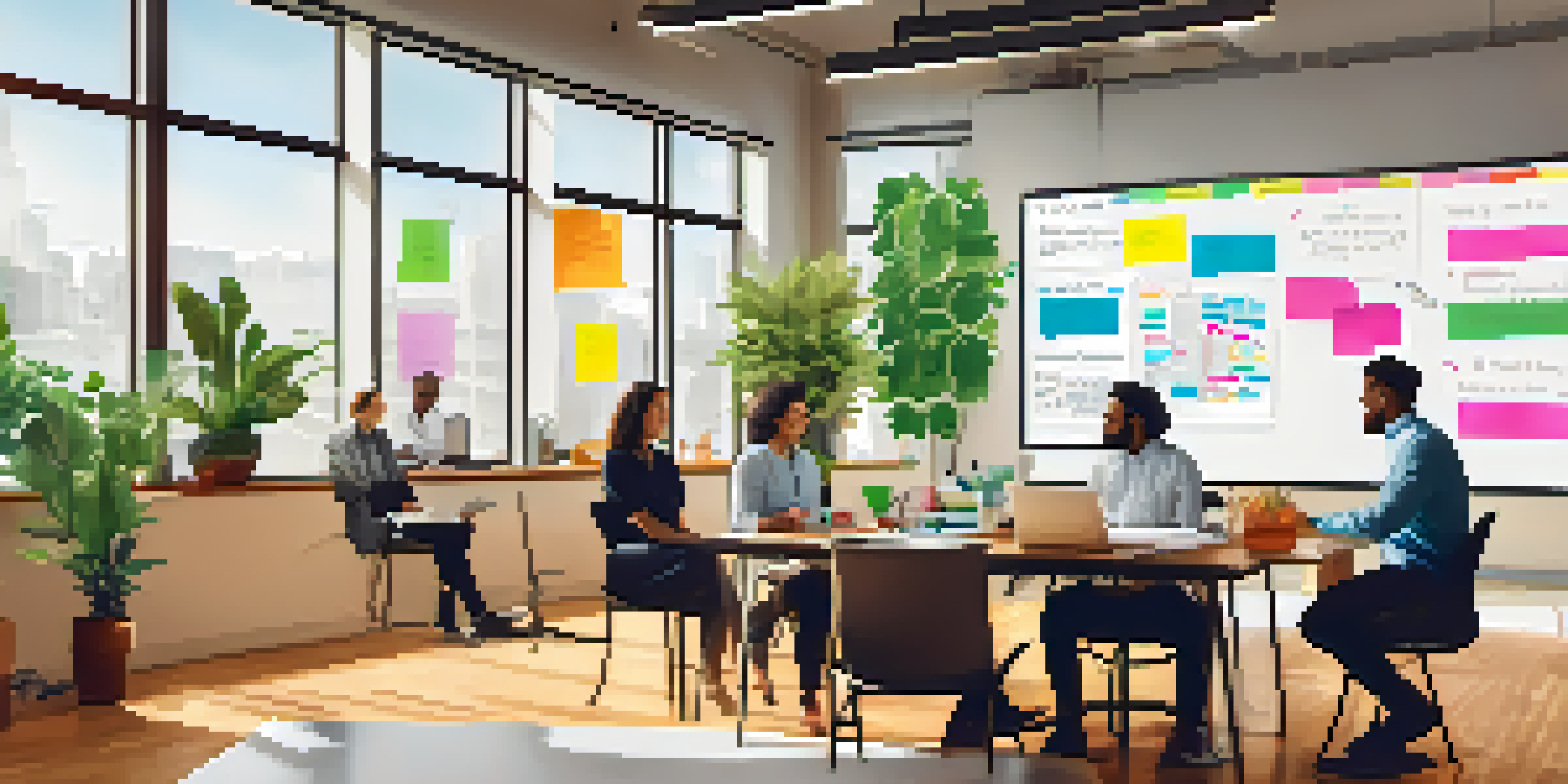 A diverse team of professionals in a bright office space engaged in a risk assessment workshop with sticky notes on a whiteboard.