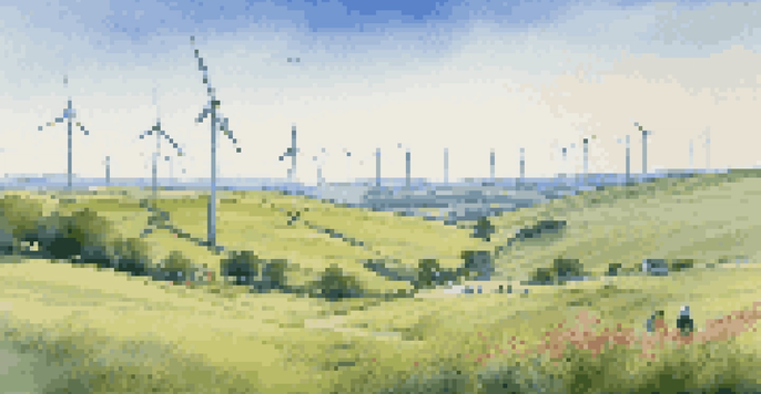 A peaceful landscape with wind turbines on green hills and people discussing renewable energy.