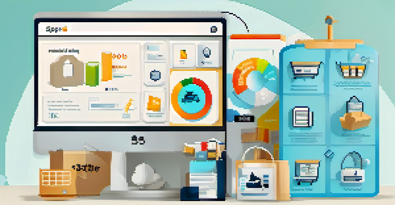 An infographic showing consumer rights in e-commerce with scales of justice and product icons on a soft blue background.