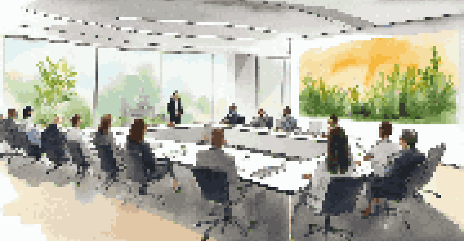 A meeting room with professionals discussing Corporate Social Responsibility initiatives, surrounded by plants and natural light.