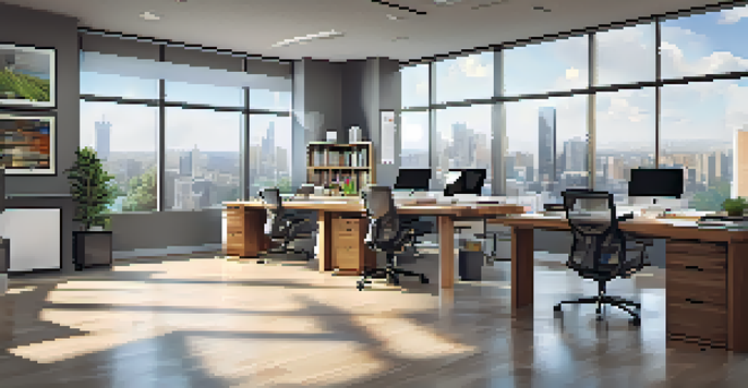 A bright and modern conference room with a large table and chairs, showcasing a city view through big windows and decorated with business books and motivational posters.