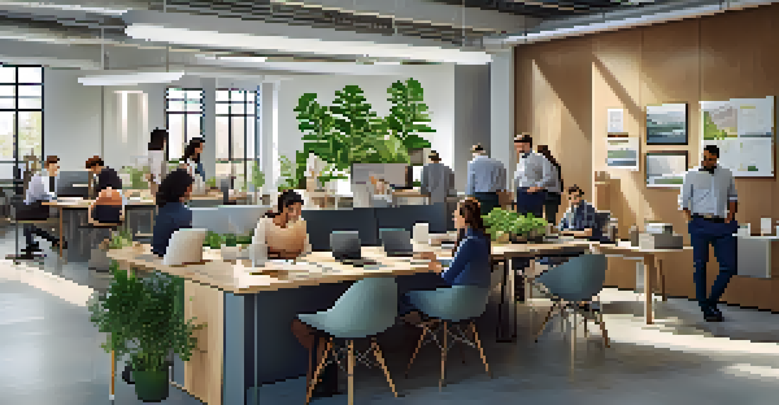 A bright office space where employees are collaborating on a project, showcasing a customer-centric culture with laptops and plants around.