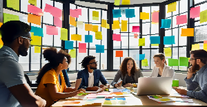 A diverse group of professionals collaborating in a bright meeting room, surrounded by plants and colorful sticky notes.
