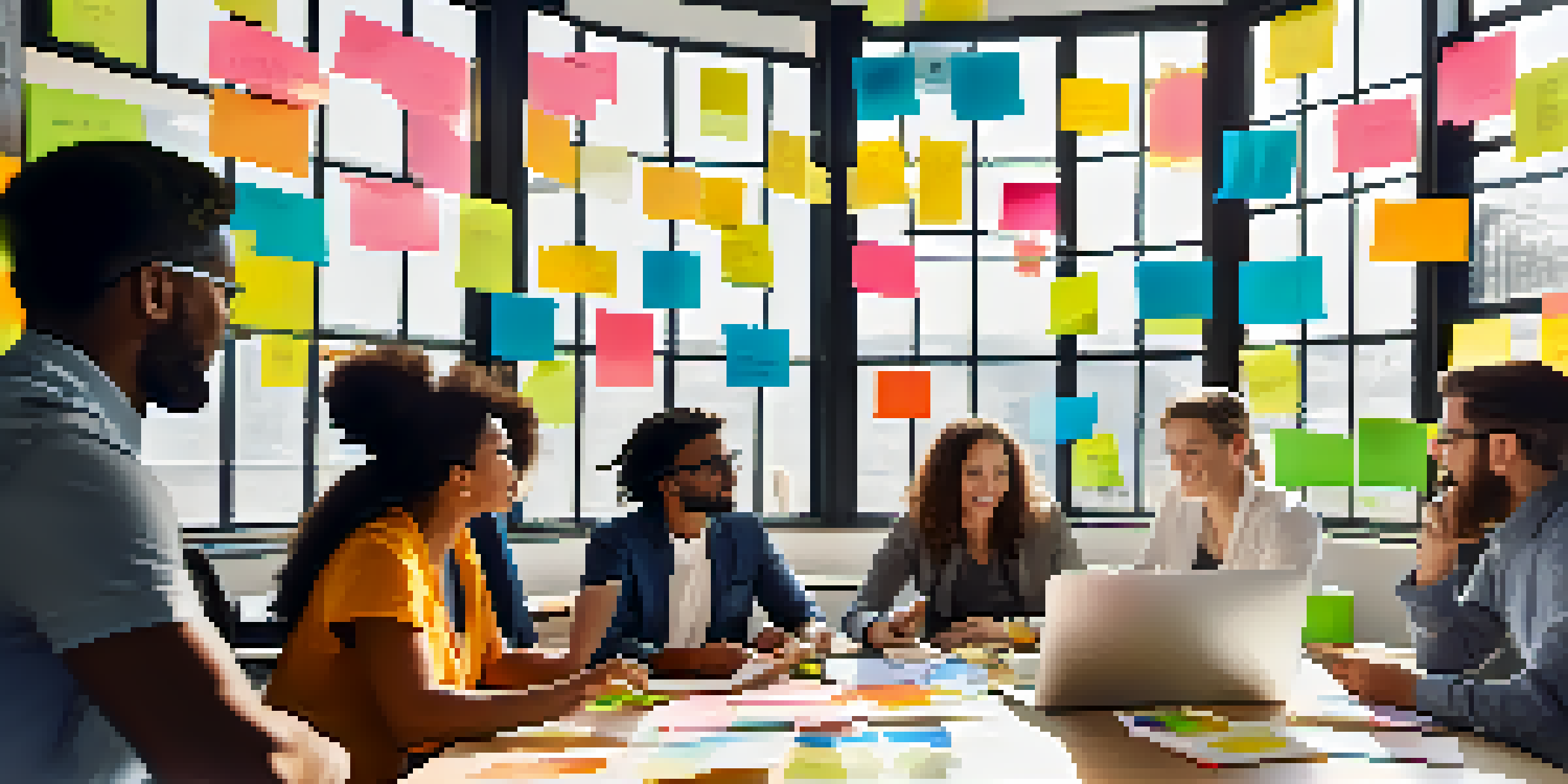 A diverse group of professionals collaborating in a bright meeting room, surrounded by plants and colorful sticky notes.