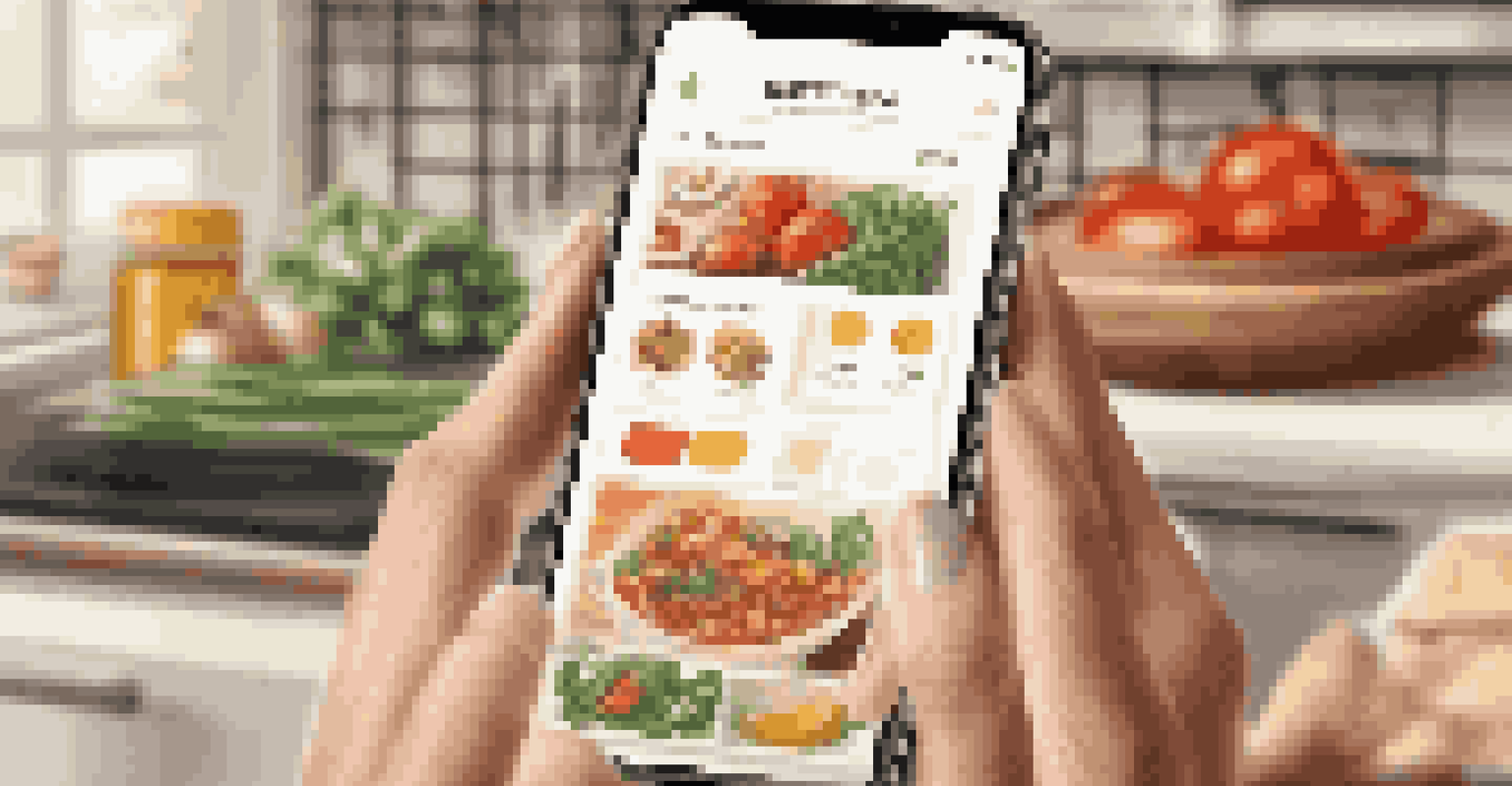A close-up of a hand using a food delivery app on a smartphone, with a blurred kitchen background and fresh ingredients on the countertop.