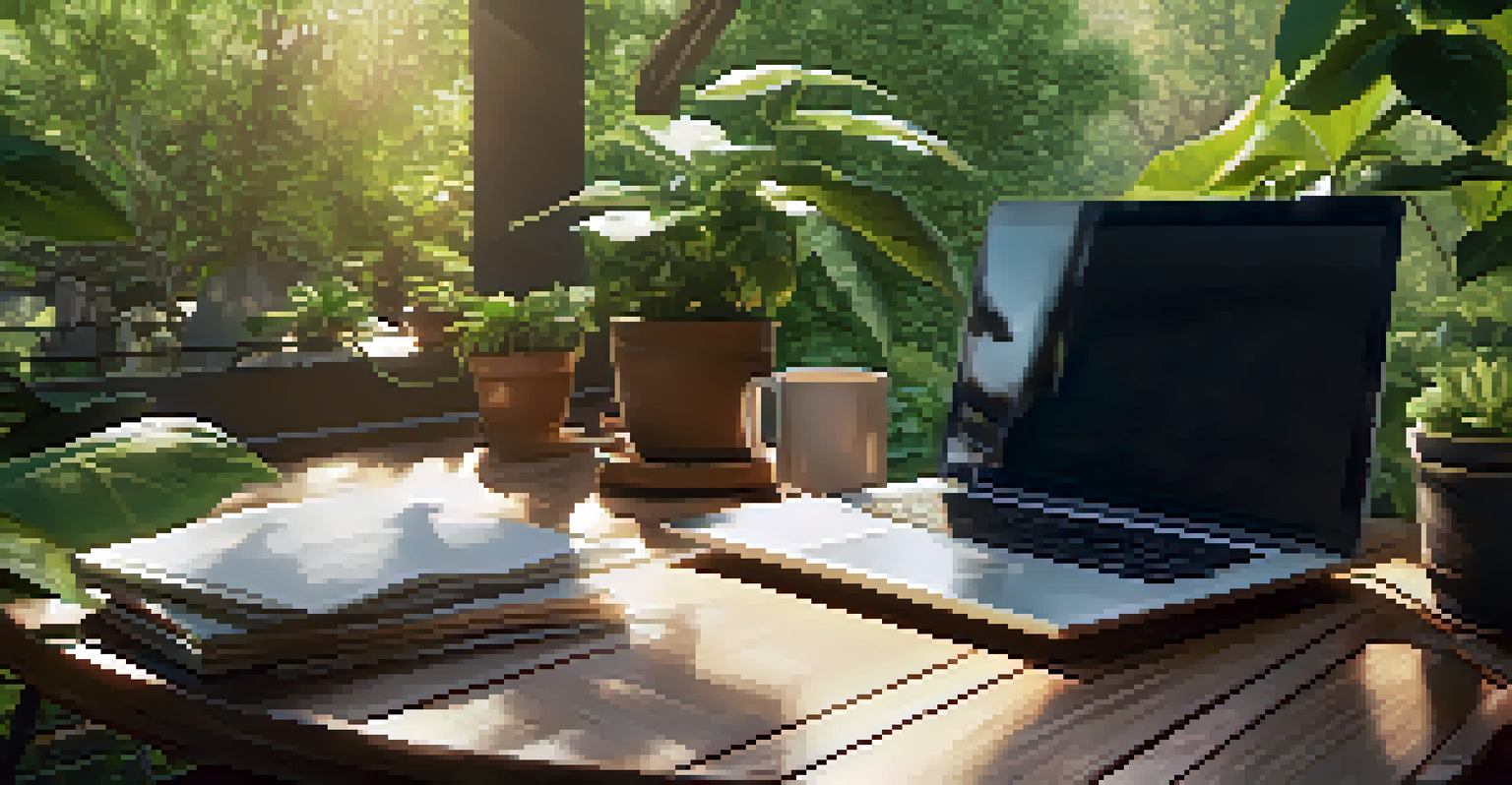 An outdoor workspace featuring a wooden desk with a laptop, notepad, and coffee cup amidst greenery and soft sunlight.