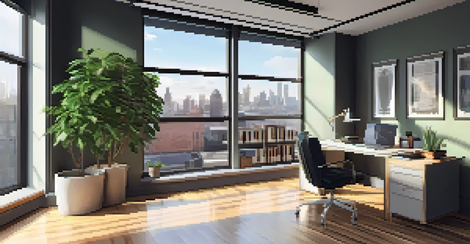 A bright and modern office space with a view of the city skyline, featuring a desk with a laptop and a cup of coffee, illuminated by natural light.
