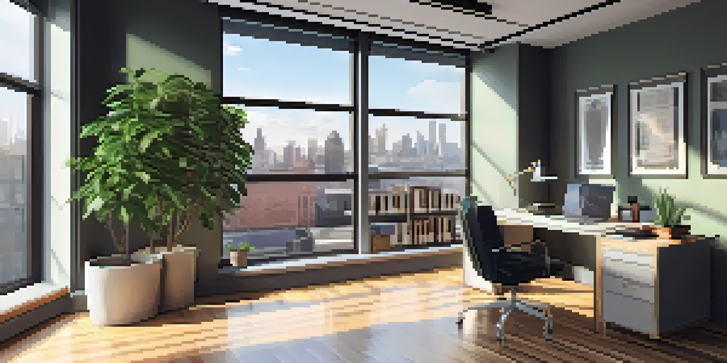 A bright and modern office space with a view of the city skyline, featuring a desk with a laptop and a cup of coffee, illuminated by natural light.