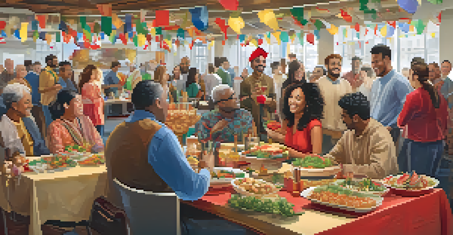 A festive workplace event celebrating cultural diversity with decorations, food, and team members enjoying each other's company.