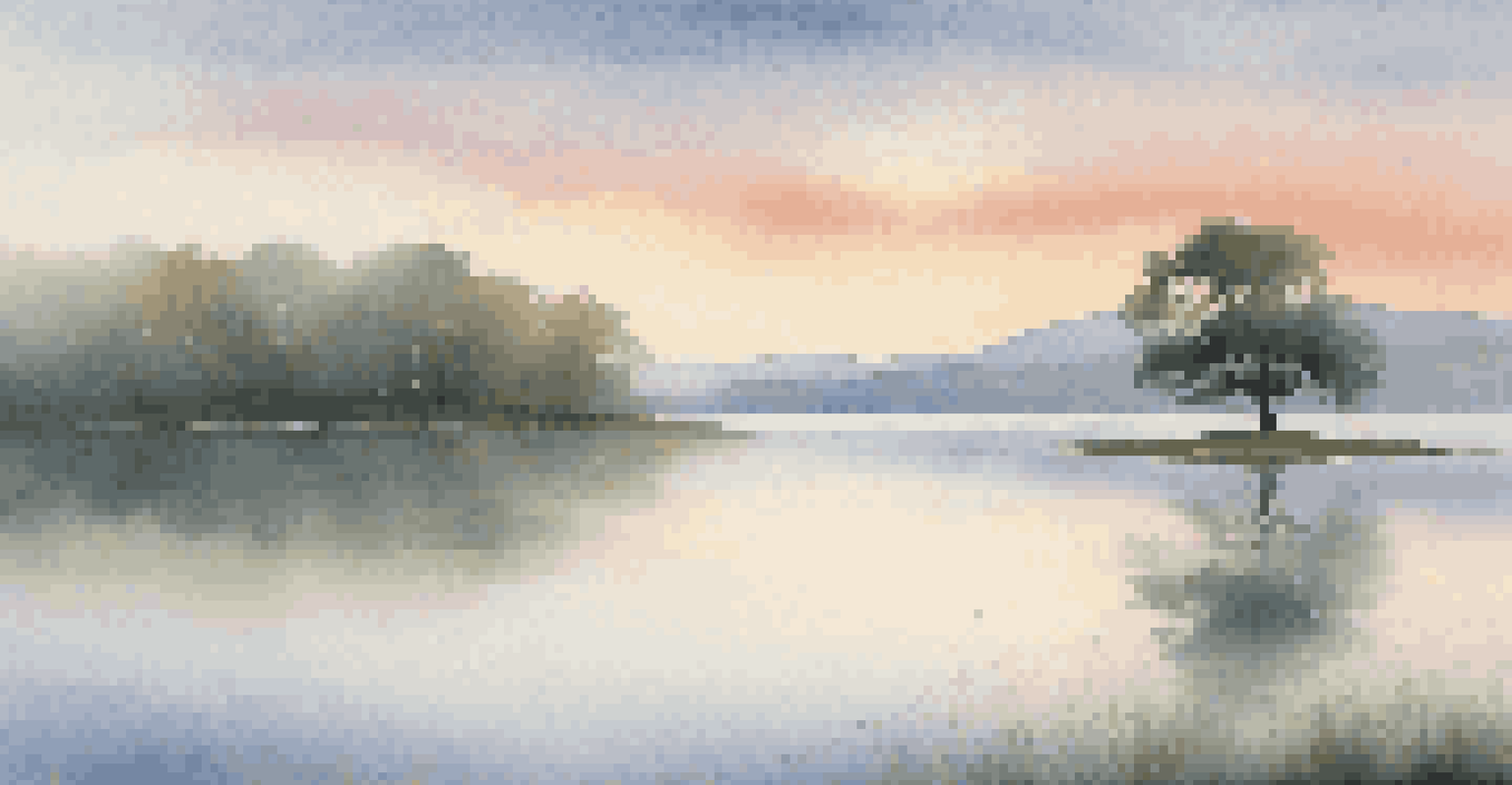 A peaceful landscape at sunrise with misty hills and a calm lake.