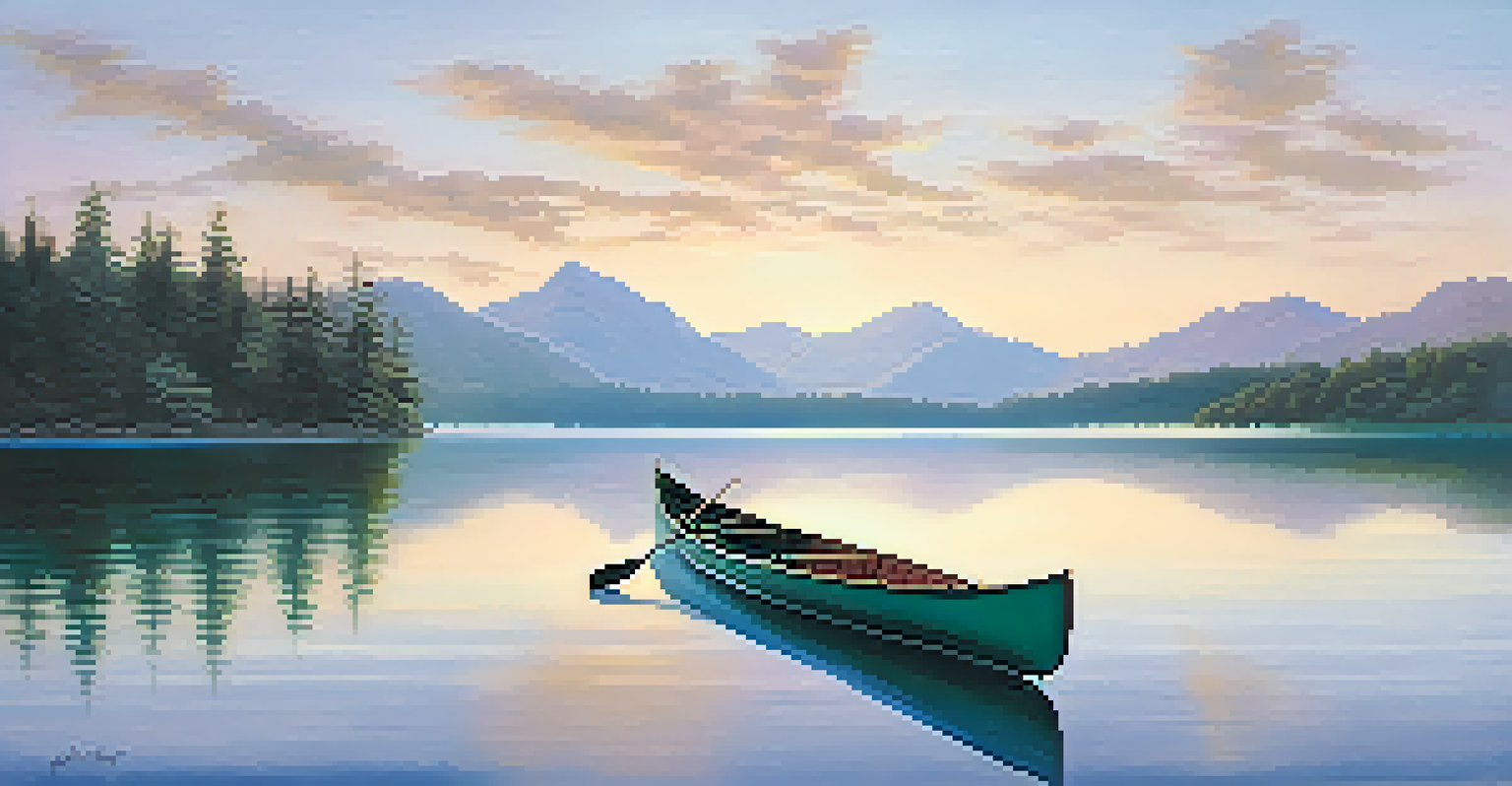 A tranquil lake at sunrise, surrounded by mountains and greenery, with a canoe gently floating on the water.