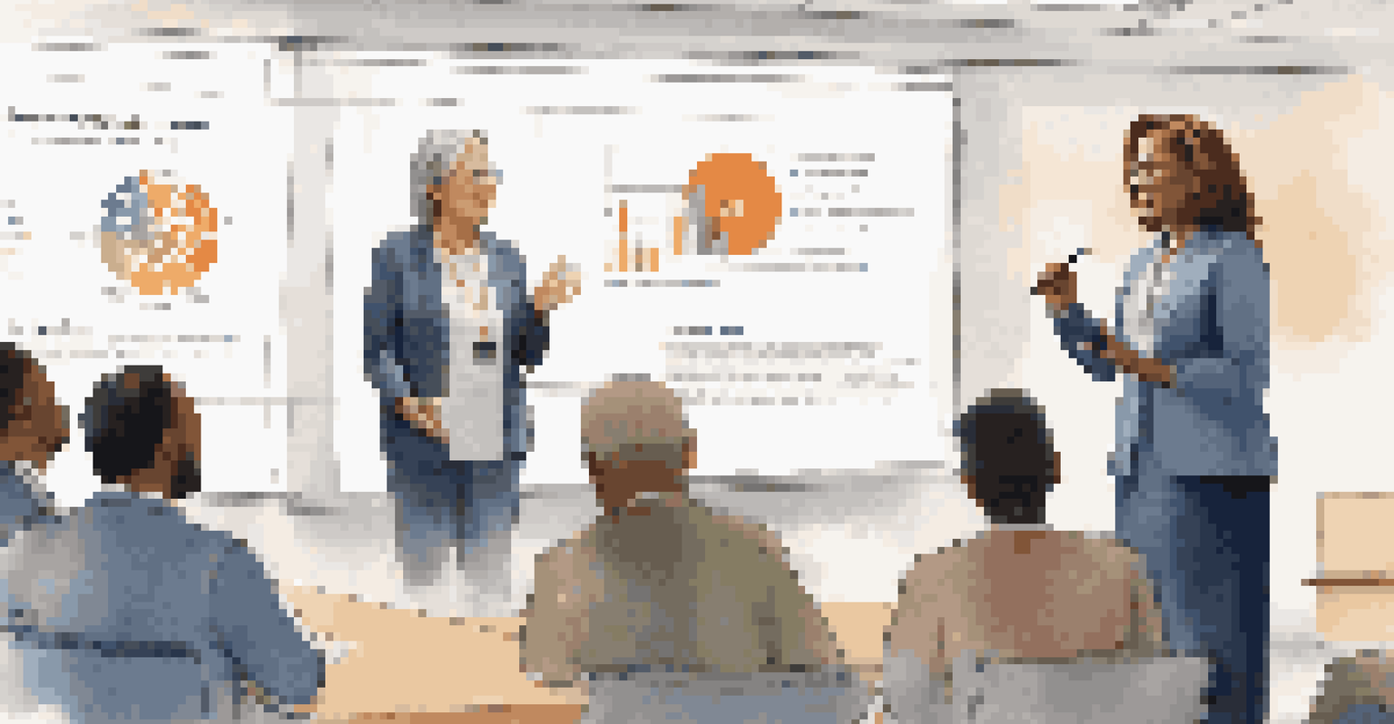 A female leader presenting diversity initiatives in an office, with statistics displayed on a screen behind her.