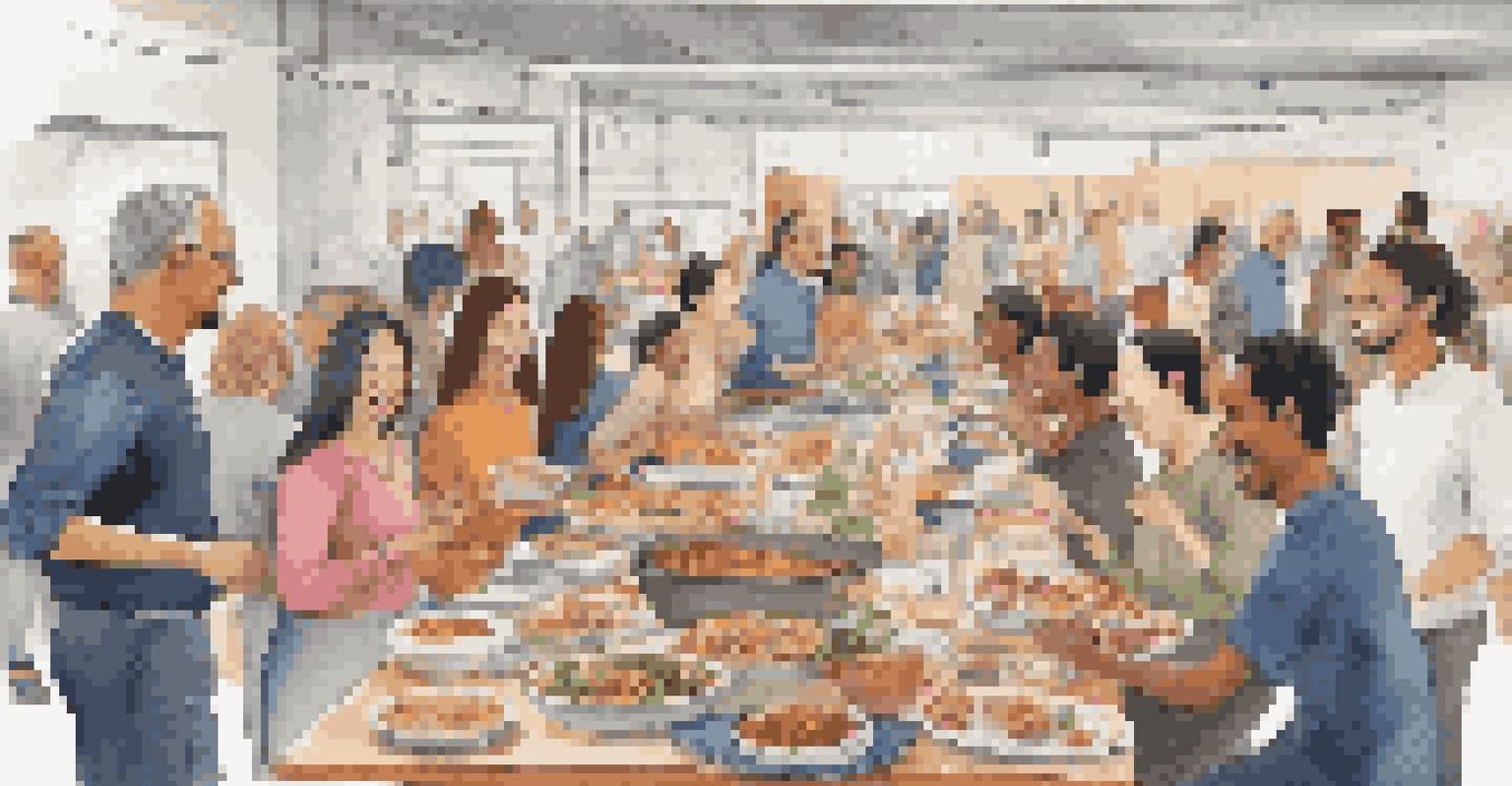 Employees enjoying a cultural potluck in a workplace, sharing diverse dishes and celebrating together.
