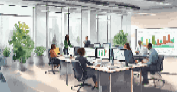 A bright office with diverse professionals working together, analyzing data on a large screen filled with colorful graphs.