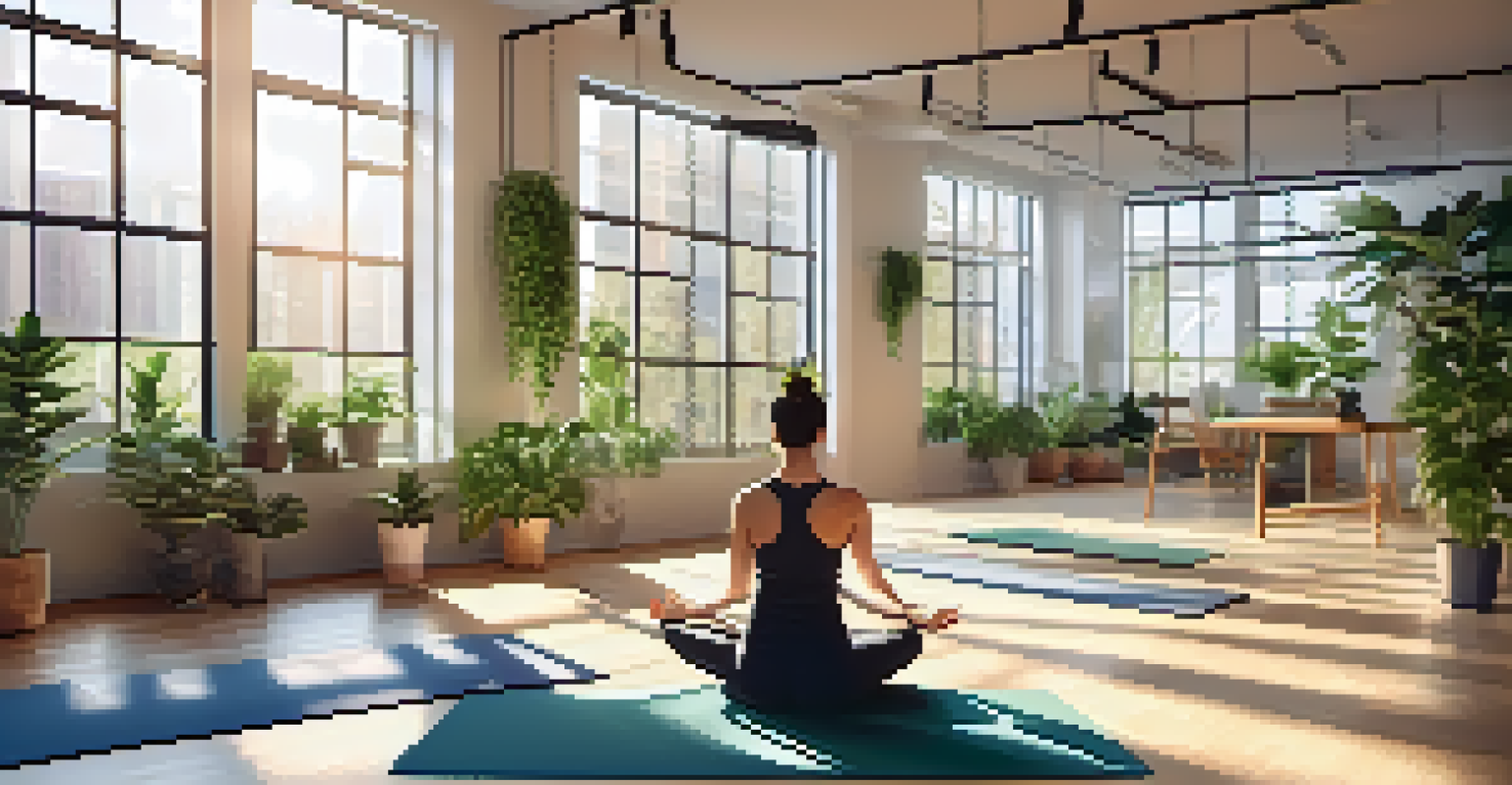 An office space with a yoga corner and an employee practicing yoga, emphasizing well-being.