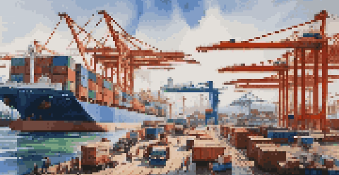A busy international trade port filled with cargo ships, colorful shipping containers, cranes, and workers under a clear blue sky.