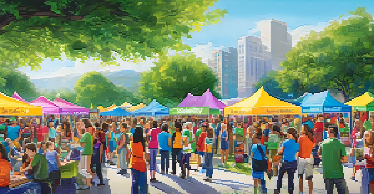 A lively community event showcasing a brand's social responsibility with interactive booths and diverse participants.