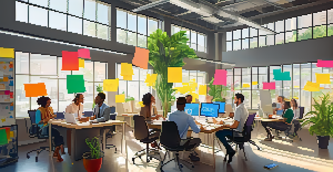 A diverse group of employees in an office brainstorming session, surrounded by colorful sticky notes and bright sunlight.