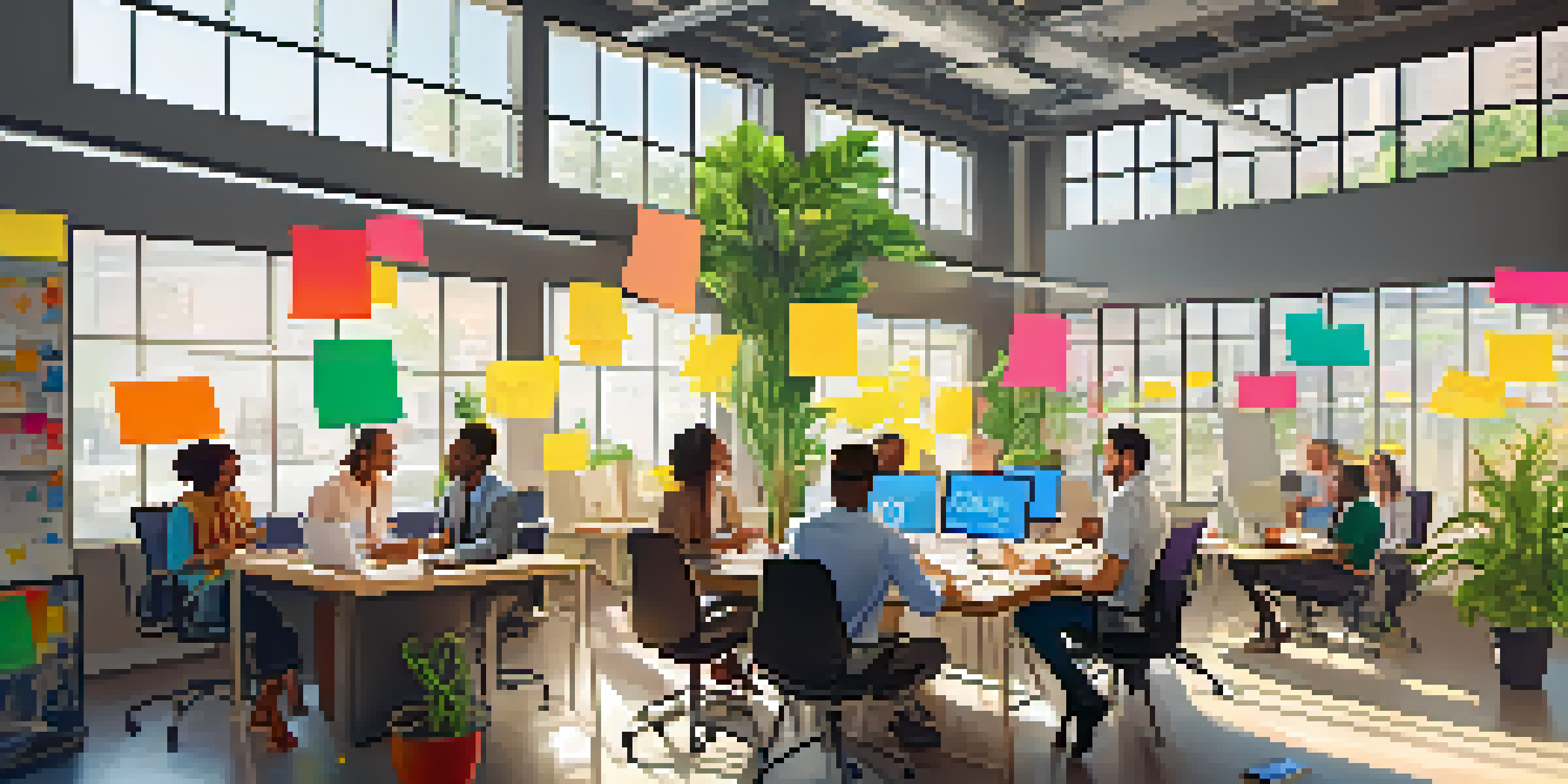 A diverse group of employees in an office brainstorming session, surrounded by colorful sticky notes and bright sunlight.