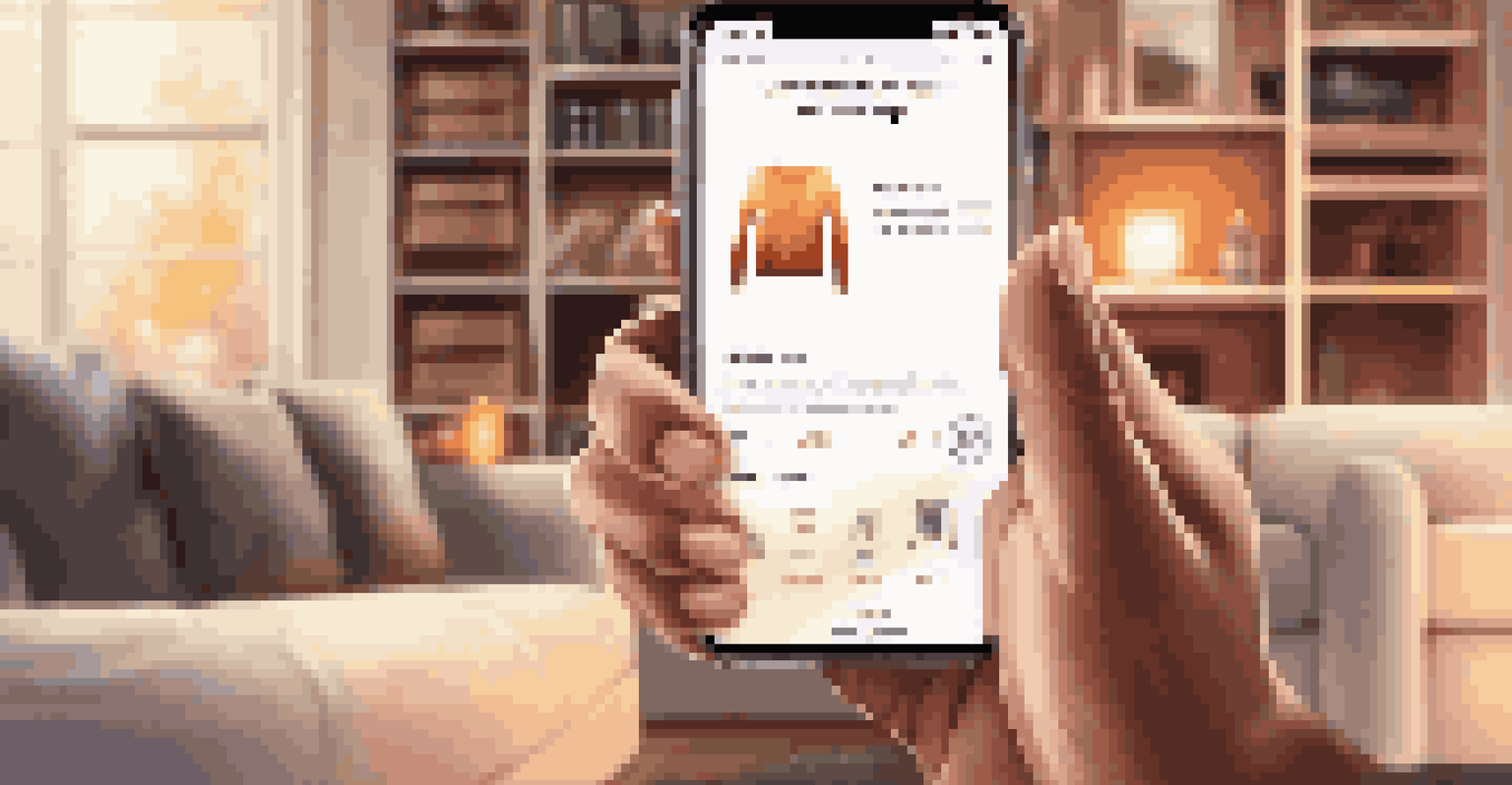 A close-up of a hand holding a smartphone showing an e-commerce app in a cozy living room.