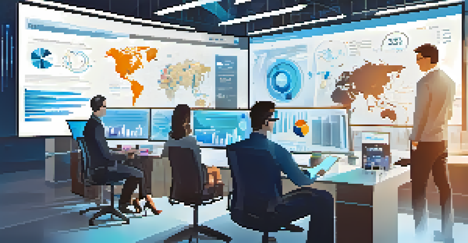 A modern workspace with professionals analyzing consumer behavior data on large screens.