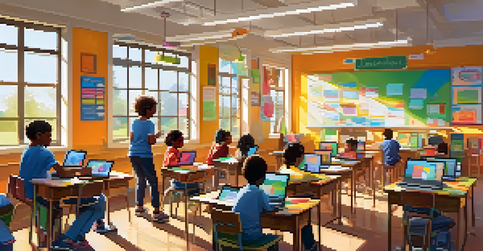 Children in a colorful classroom using laptops for online learning, with a teacher guiding them.