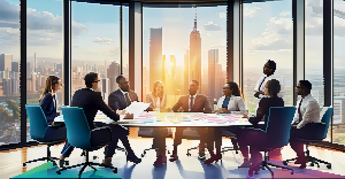 A group of diverse professionals collaborating in a bright conference room, engaged in a brainstorming session with colorful sticky notes around them.