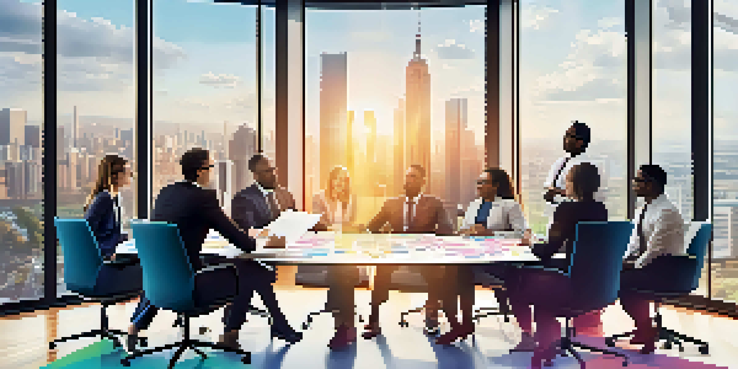 A group of diverse professionals collaborating in a bright conference room, engaged in a brainstorming session with colorful sticky notes around them.