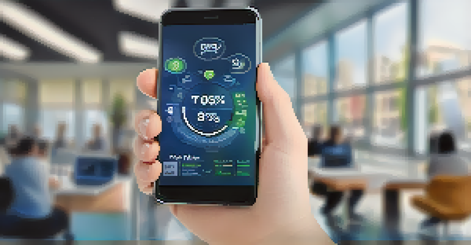 A close-up of a hand holding a smartphone showing a digital marketing dashboard with metrics.